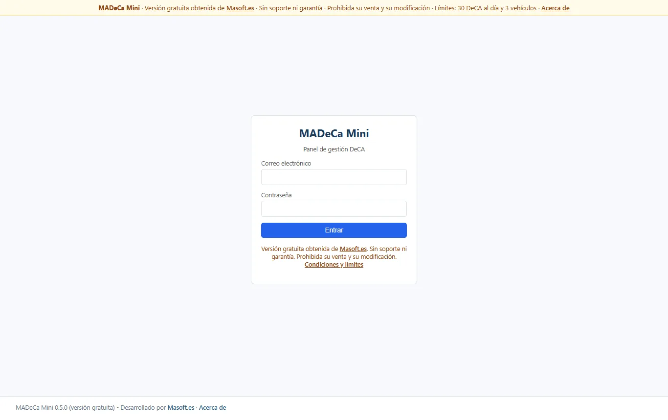 Pantalla de acceso de MADeCa Mini