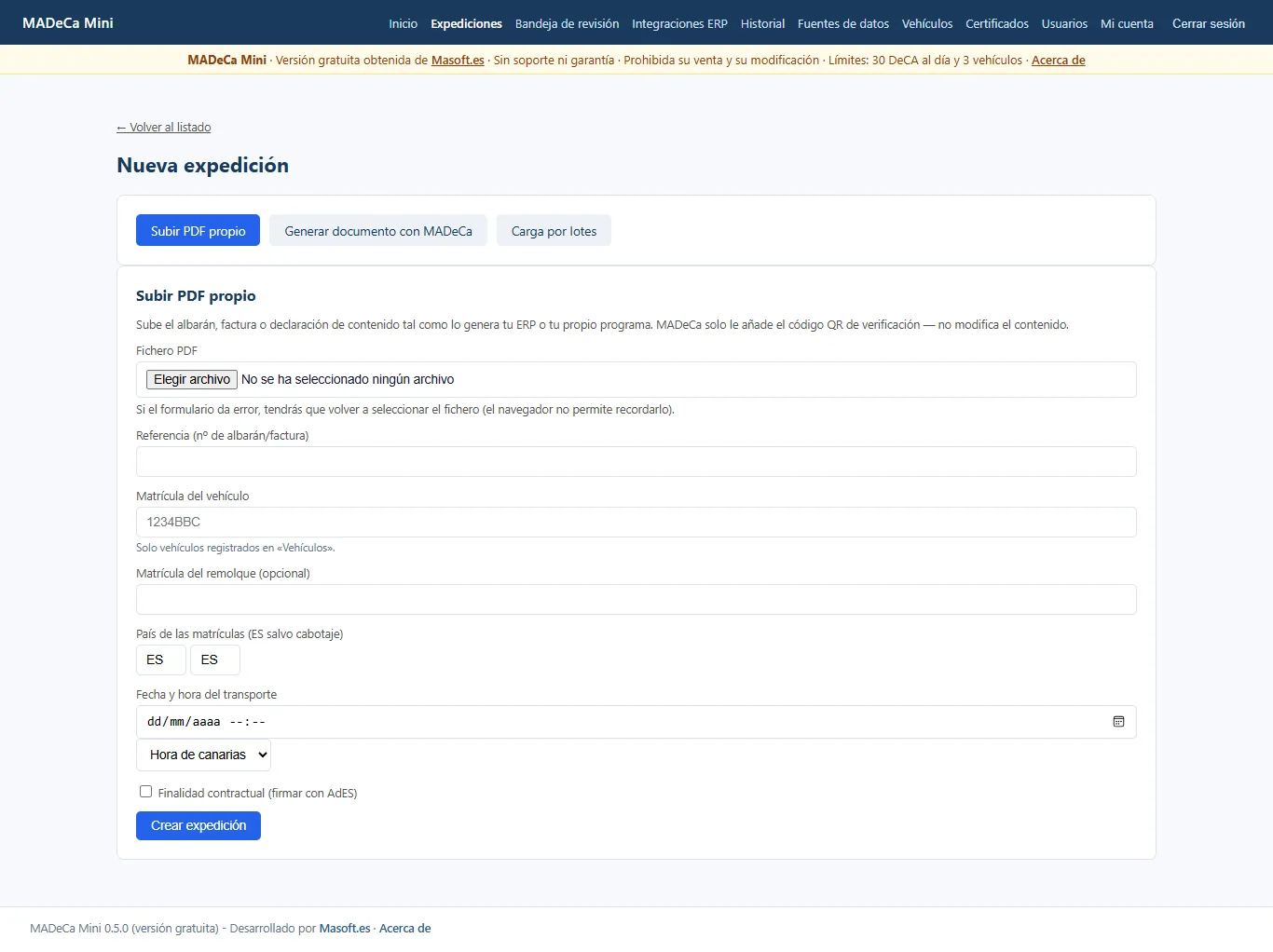 Formulario de nueva expedición